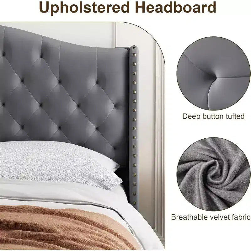 Queen Size Platform Bed Frame, Velvet Upholstered Headboard with Nailhead Trim, Wood Slat Support, No Box Spring Required, Easy Assembly, Quiet