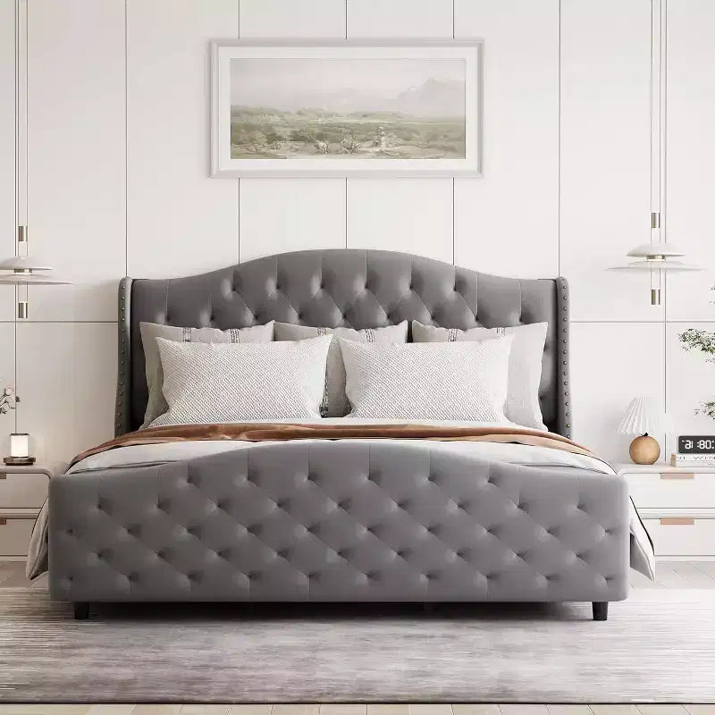Queen Size Platform Bed Frame, Velvet Upholstered Headboard with Nailhead Trim, Wood Slat Support, No Box Spring Required, Easy Assembly, Quiet