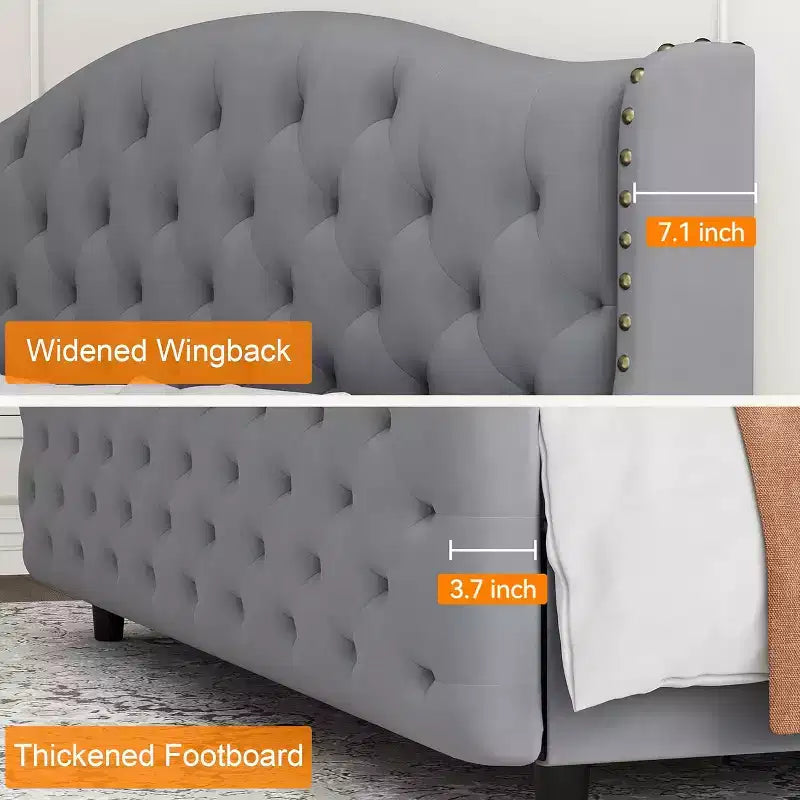 Queen Size Platform Bed Frame, Velvet Upholstered Headboard with Nailhead Trim, Wood Slat Support, No Box Spring Required, Easy Assembly, Quiet