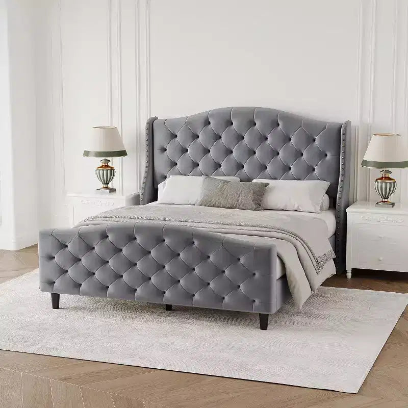 Queen Size Platform Bed Frame, Velvet Upholstered Headboard with Nailhead Trim, Wood Slat Support, No Box Spring Required, Easy Assembly, Quiet