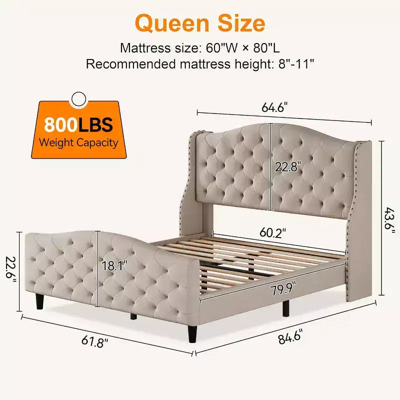 Queen Size Platform Bed Frame, Velvet Upholstered Headboard with Nailhead Trim, Wood Slat Support, No Box Spring Required, Easy Assembly, Quiet