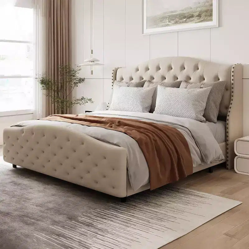 Queen Size Platform Bed Frame, Velvet Upholstered Headboard with Nailhead Trim, Wood Slat Support, No Box Spring Required, Easy Assembly, Quiet