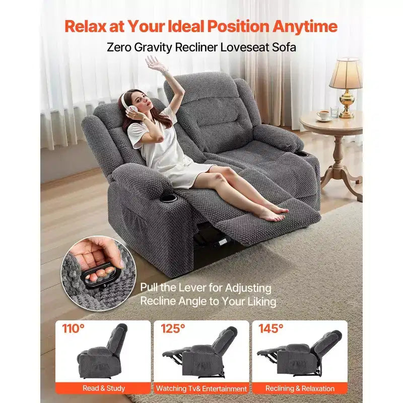 VEVOR Loveseat Recliner Sofa, Manual Reclining Couch with Heating and Massage, Soft Corduroy Recliner Sofa with USB Ports, Cup Holders ,Grey