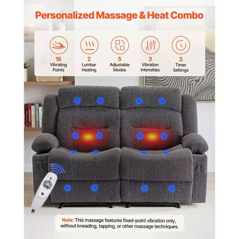 VEVOR Loveseat Recliner Sofa, Manual Reclining Couch with Heating and Massage, Soft Corduroy Recliner Sofa with USB Ports, Cup Holders ,Grey