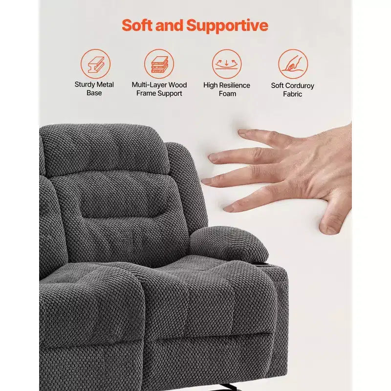 VEVOR Loveseat Recliner Sofa, Manual Reclining Couch with Heating and Massage, Soft Corduroy Recliner Sofa with USB Ports, Cup Holders ,Grey