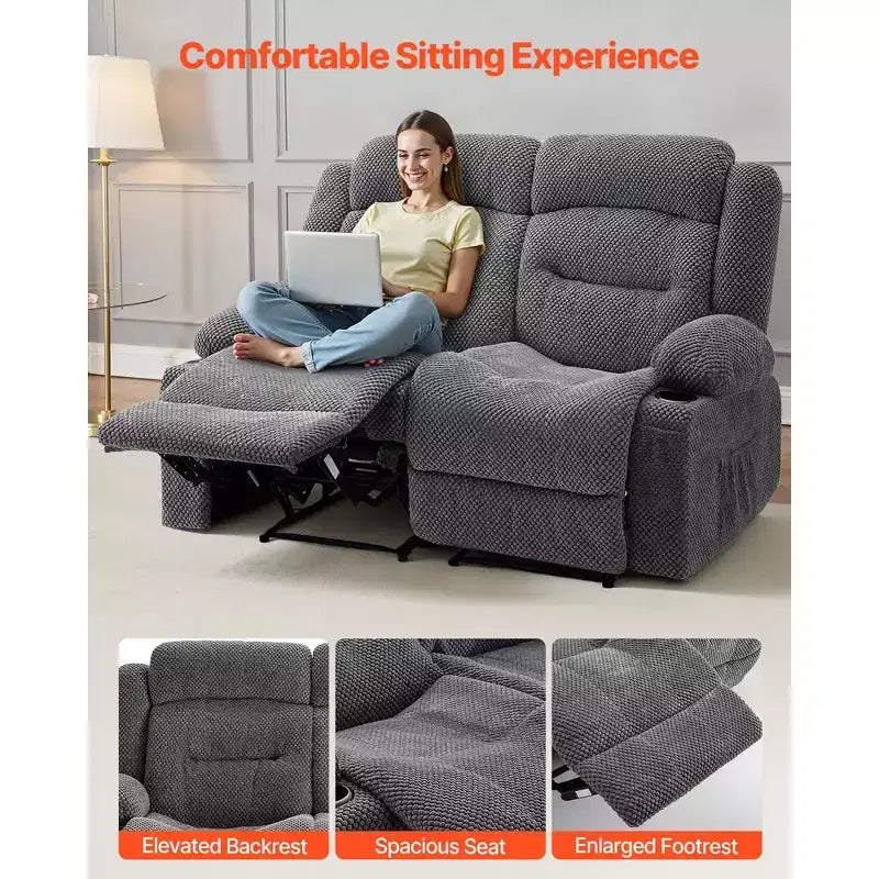 VEVOR Loveseat Recliner Sofa, Manual Reclining Couch with Heating and Massage, Soft Corduroy Recliner Sofa with USB Ports, Cup Holders ,Grey