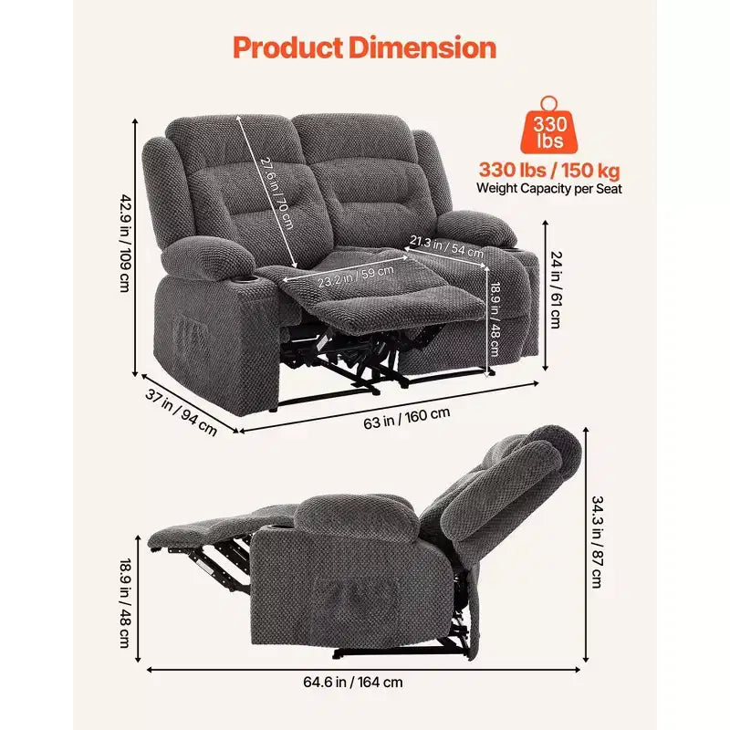 VEVOR Loveseat Recliner Sofa, Manual Reclining Couch with Heating and Massage, Soft Corduroy Recliner Sofa with USB Ports, Cup Holders ,Grey
