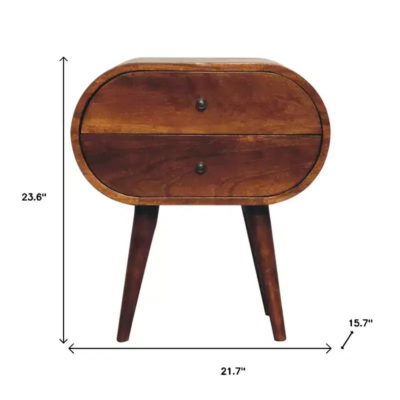 HomeRoots 24 Chestnut Solid Wood Oval Two Drawer Nightstand