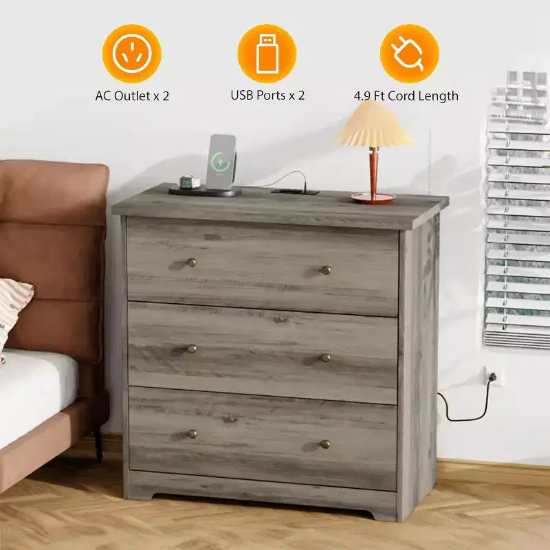 VINGLI Dresser with Charging Station, 3 Drawer Wood Dresser, Gray Dresser, Chest of Drawers Dresser