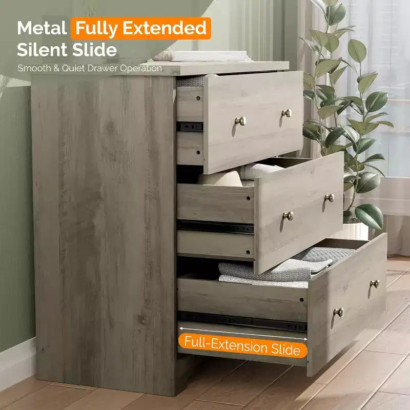 VINGLI Dresser with Charging Station, 3 Drawer Wood Dresser, Gray Dresser, Chest of Drawers Dresser