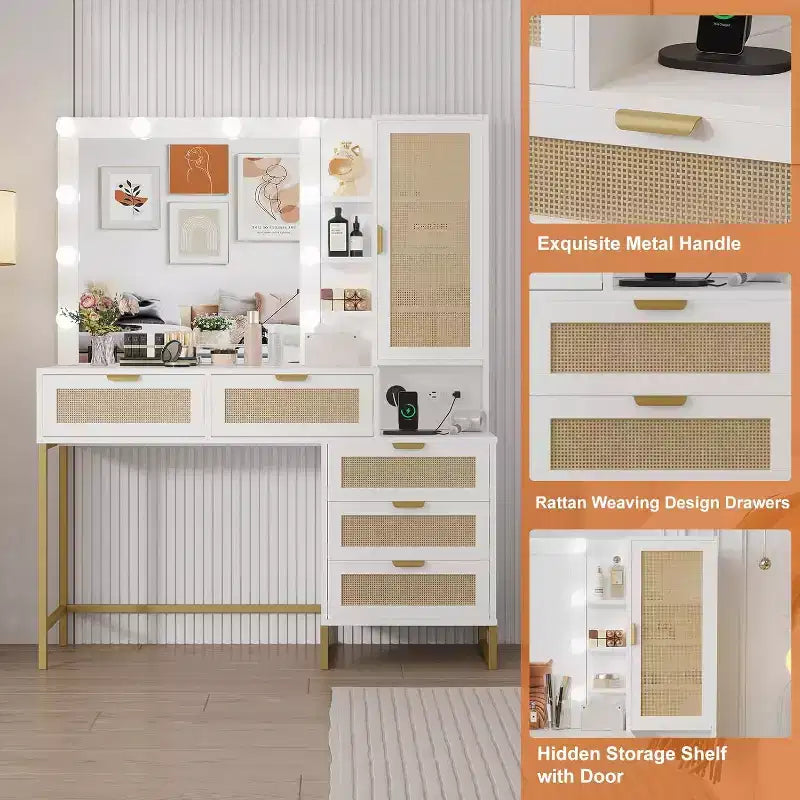 Vanity Desk with Mirror and Lights, Vanity Desk with Power Outlet, 5 Drawers Makeup Table