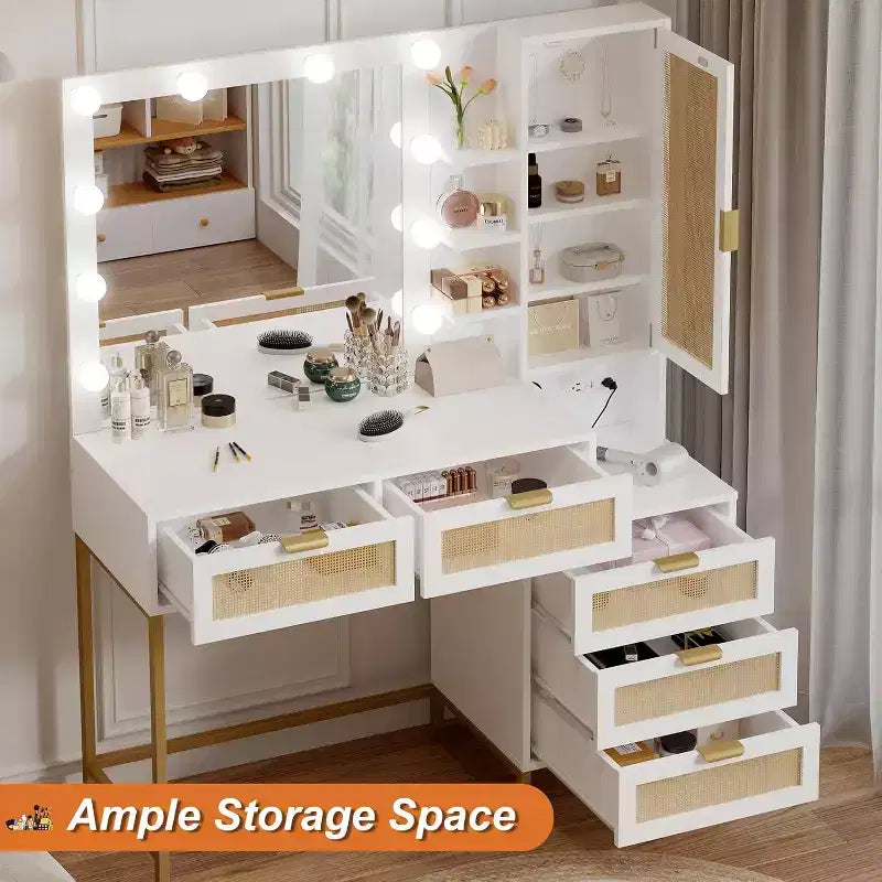 Vanity Desk with Mirror and Lights, Vanity Desk with Power Outlet, 5 Drawers Makeup Table