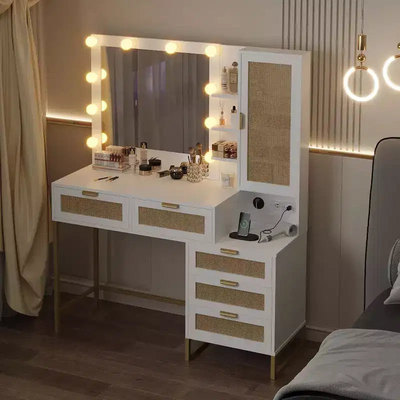 Vanity Desk with Mirror and Lights, Vanity Desk with Power Outlet, 5 Drawers Makeup Table