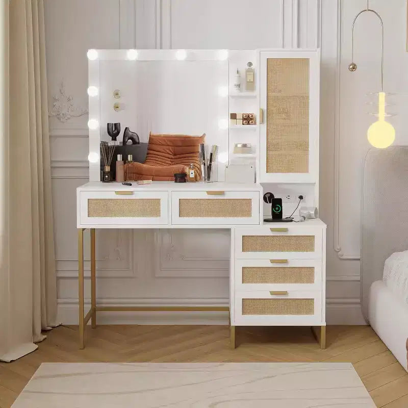 Vanity Desk with Mirror and Lights, Vanity Desk with Power Outlet, 5 Drawers Makeup Table