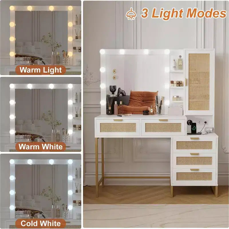 Vanity Desk with Mirror and Lights, Vanity Desk with Power Outlet, 5 Drawers Makeup Table