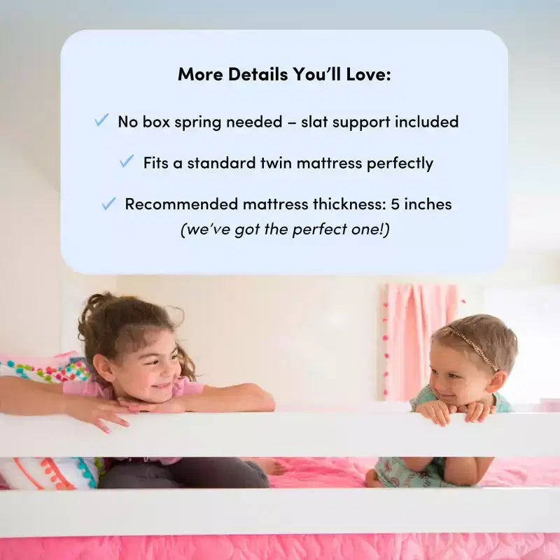 Twin Over Twin Low Bunk With Easy Slide & Black & White Farmhouse Curtain
