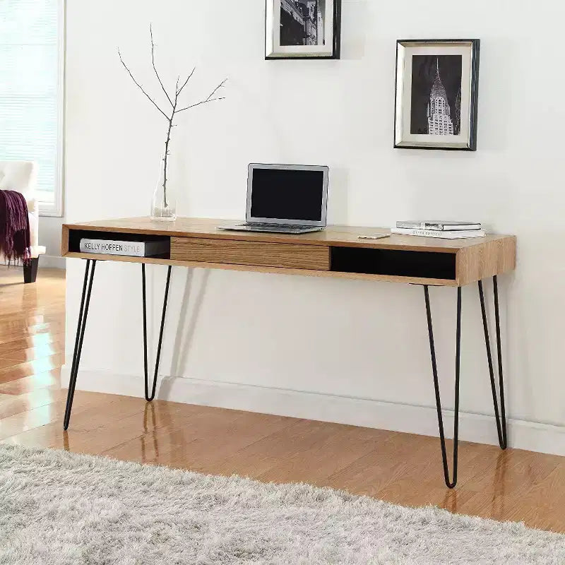 HomeStock 29 in.H Brown Color Acacia Wood Computer Desks with File Drawer
