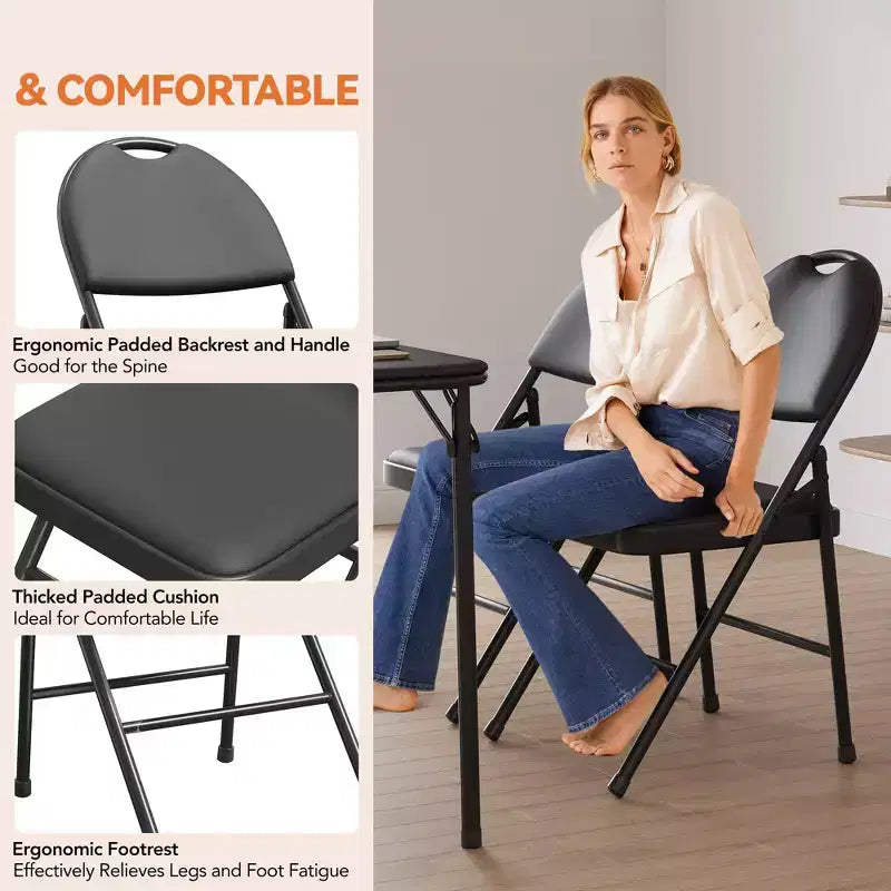 4 Pack Black Folding Chairs,Folding Chairs Set of 4 with Padded Seats, Cotton Linen Fabric Foldable Dining Chairs for Guests Kitchen Office