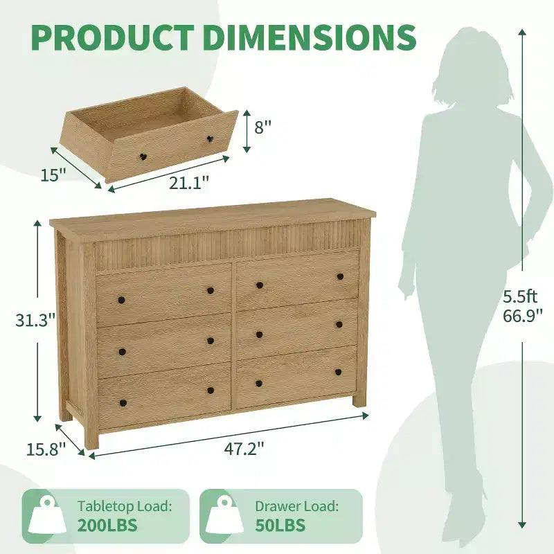 COZONY 6-Drawer Dresser with Fluted Design, Modern Wood Storage Cabinet for Bedroom Living Room Entryway Organization