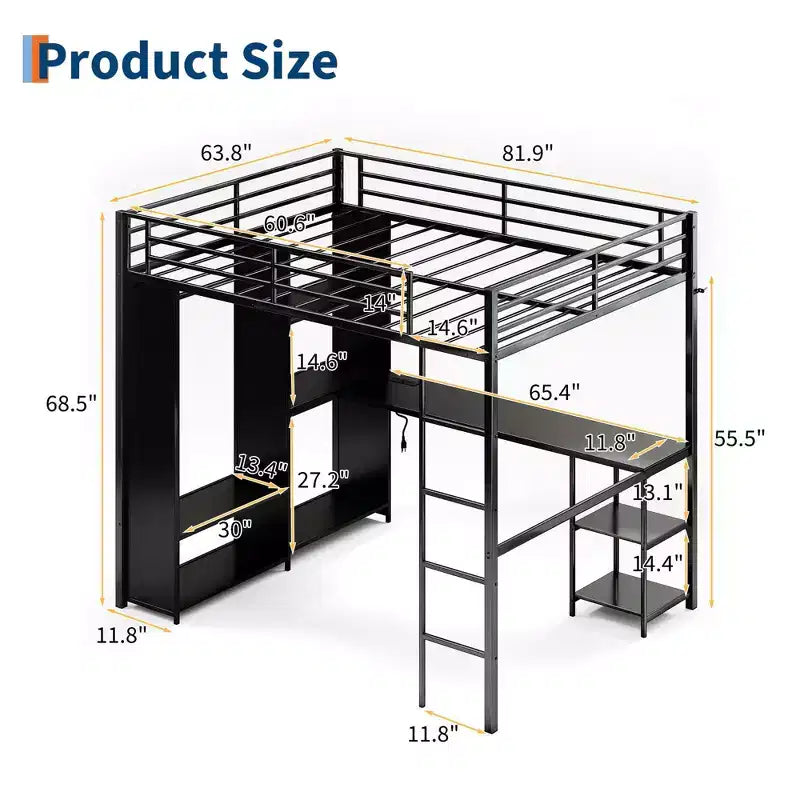 Queen Size Loft Bed with Desk and Storage Shelves, Metal Gaming Loft Bed Queen with Hanging Rod, Wardrobe, Guardrail and Ladder, Space Saving Design