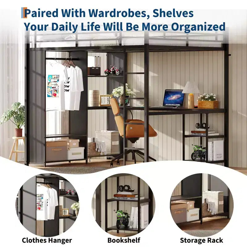 Queen Size Loft Bed with Desk and Storage Shelves, Metal Gaming Loft Bed Queen with Hanging Rod, Wardrobe, Guardrail and Ladder, Space Saving Design