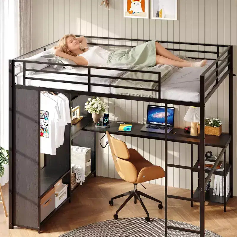 Queen Size Loft Bed with Desk and Storage Shelves, Metal Gaming Loft Bed Queen with Hanging Rod, Wardrobe, Guardrail and Ladder, Space Saving Design