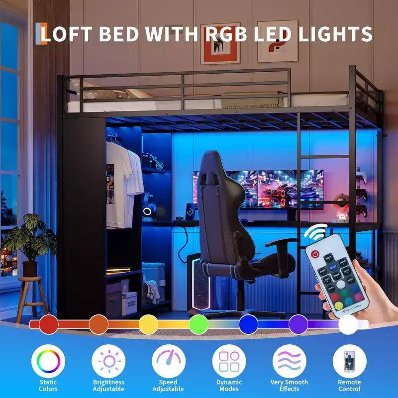 Queen Size Loft Bed with Desk and Storage Shelves, Metal Gaming Loft Bed Queen with Hanging Rod, Wardrobe, Guardrail and Ladder, Space Saving Design