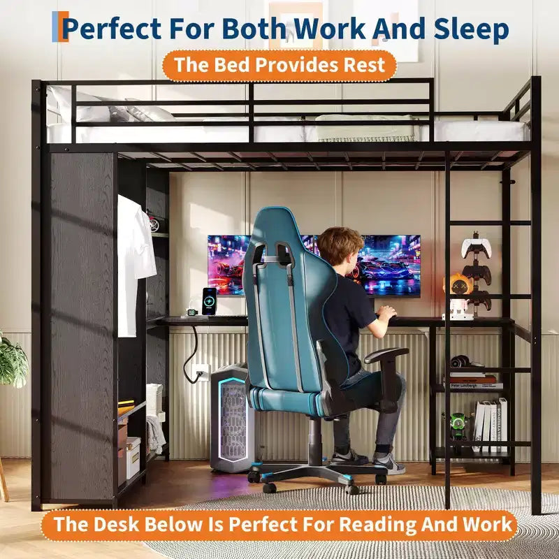 Queen Size Loft Bed with Desk and Storage Shelves, Metal Gaming Loft Bed Queen with Hanging Rod, Wardrobe, Guardrail and Ladder, Space Saving Design