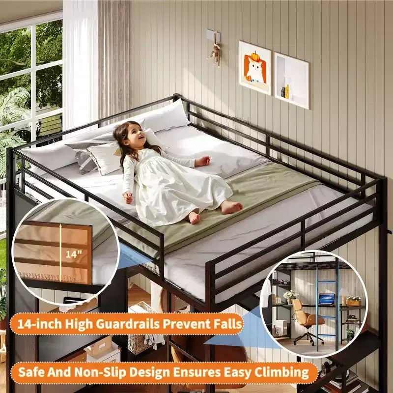Queen Size Loft Bed with Desk and Storage Shelves, Metal Gaming Loft Bed Queen with Hanging Rod, Wardrobe, Guardrail and Ladder, Space Saving Design