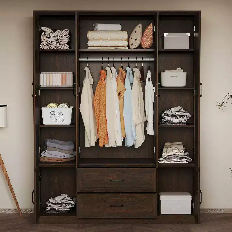 Famapy Modern Minimalist/Vintage Industrial 6-Door Wardrobe,Armoire with 2 Drawers,Hanging Rod,Bedroom & Closet Storage Center,White/Brown
