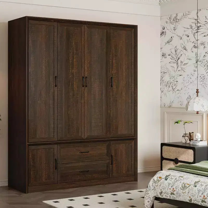 Famapy Modern Minimalist/Vintage Industrial 6-Door Wardrobe,Armoire with 2 Drawers,Hanging Rod,Bedroom & Closet Storage Center,White/Brown