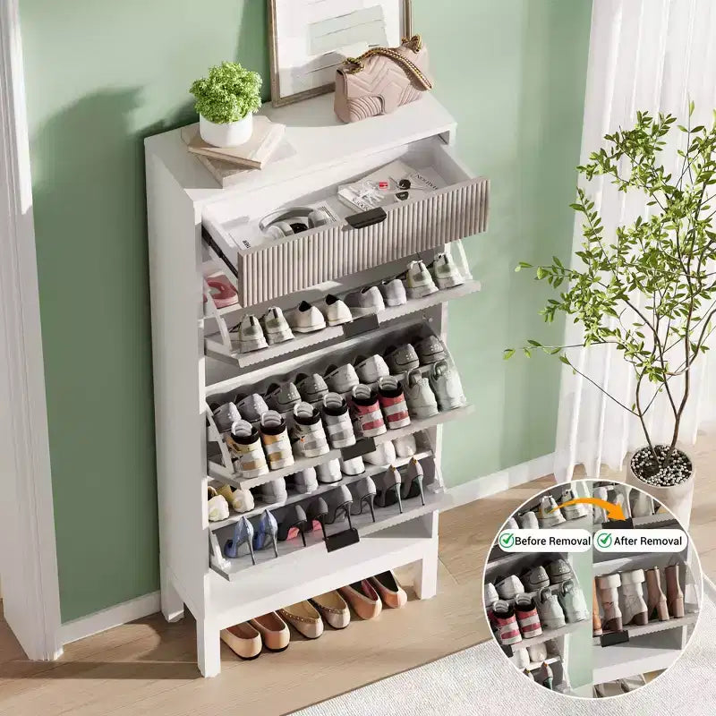 3 Flip Drawers & 1 Small Drawer, Shoe Cabinet, , Narrow Wooden Shoe Rack with Metal Legs for Entryway