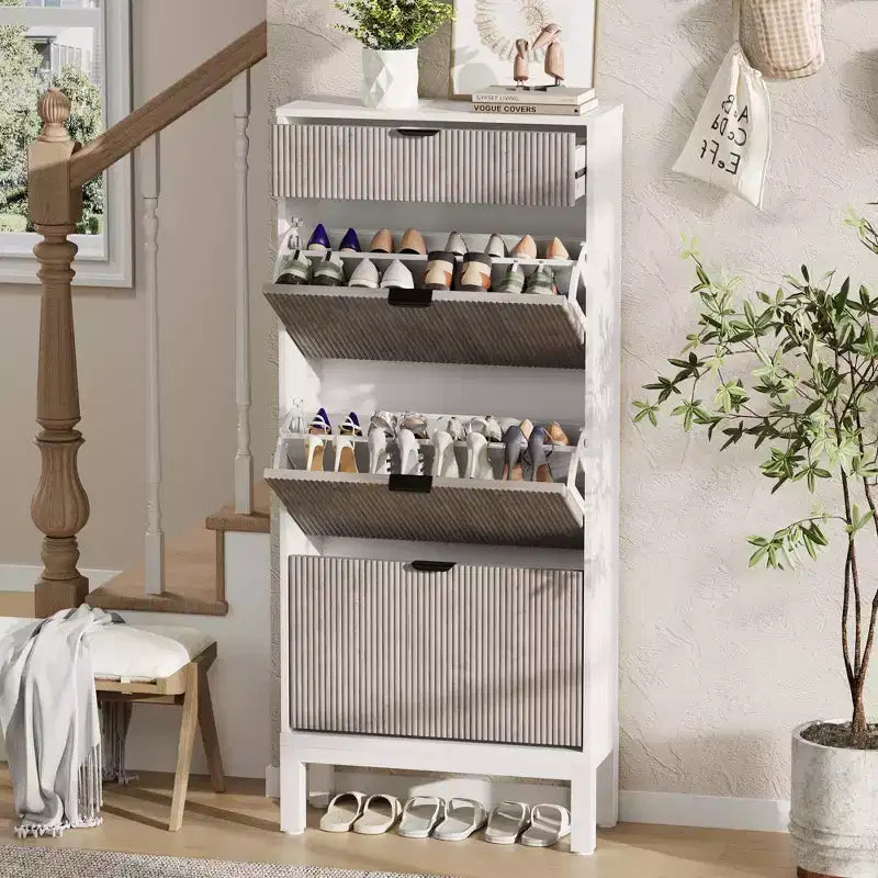 3 Flip Drawers & 1 Small Drawer, Shoe Cabinet, , Narrow Wooden Shoe Rack with Metal Legs for Entryway