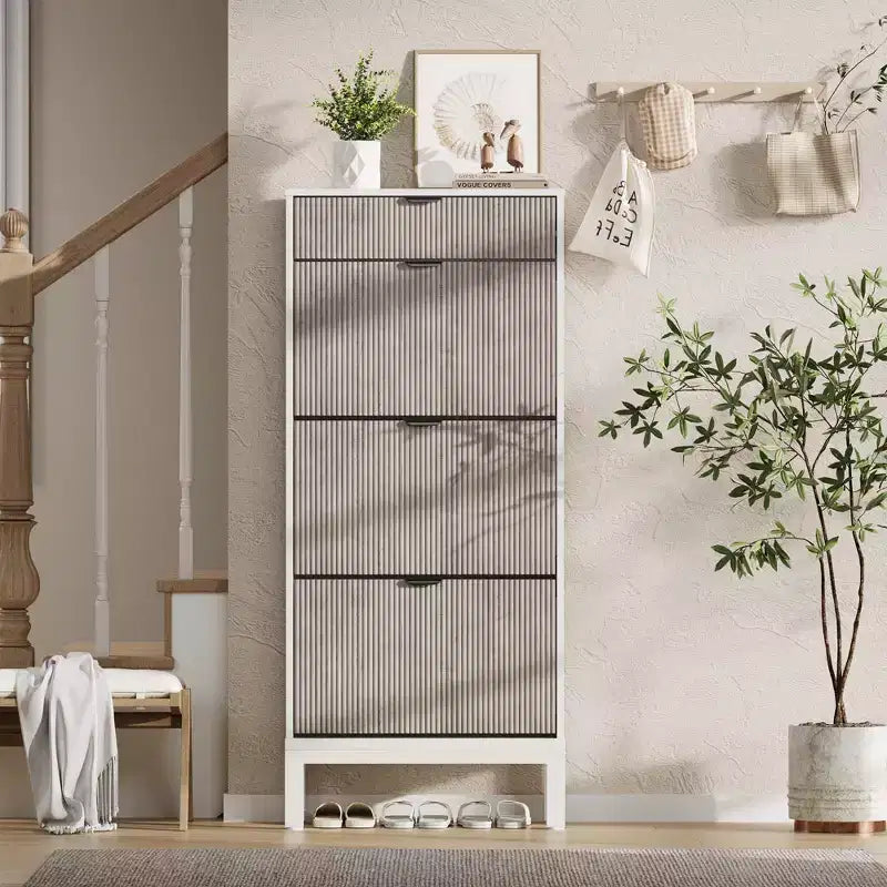 3 Flip Drawers & 1 Small Drawer, Shoe Cabinet, , Narrow Wooden Shoe Rack with Metal Legs for Entryway