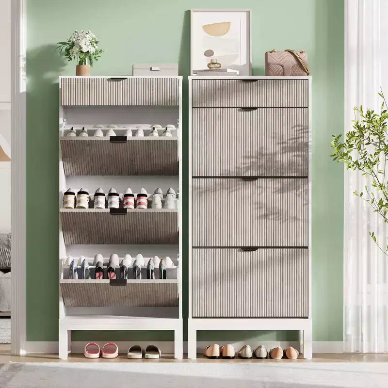 3 Flip Drawers & 1 Small Drawer, Shoe Cabinet, , Narrow Wooden Shoe Rack with Metal Legs for Entryway