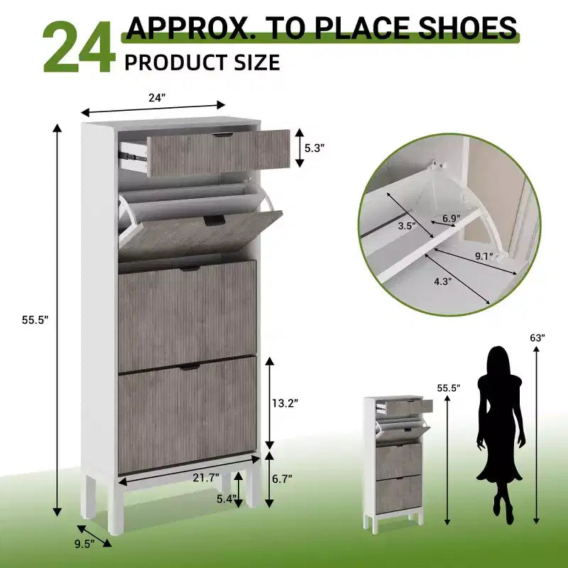 3 Flip Drawers & 1 Small Drawer, Shoe Cabinet, , Narrow Wooden Shoe Rack with Metal Legs for Entryway