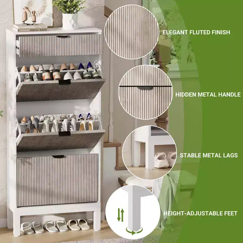 3 Flip Drawers & 1 Small Drawer, Shoe Cabinet, , Narrow Wooden Shoe Rack with Metal Legs for Entryway