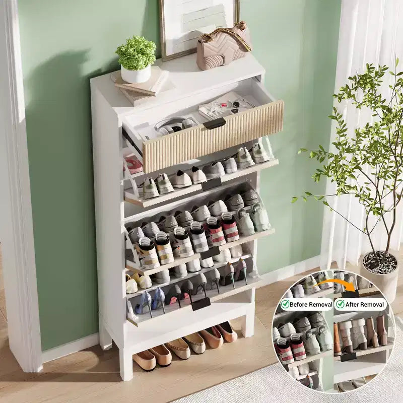 3 Flip Drawers & 1 Small Drawer, Shoe Cabinet, , Narrow Wooden Shoe Rack with Metal Legs for Entryway