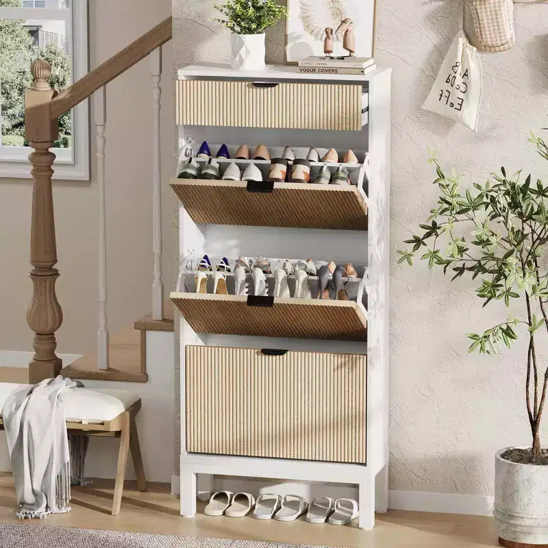 3 Flip Drawers & 1 Small Drawer, Shoe Cabinet, , Narrow Wooden Shoe Rack with Metal Legs for Entryway