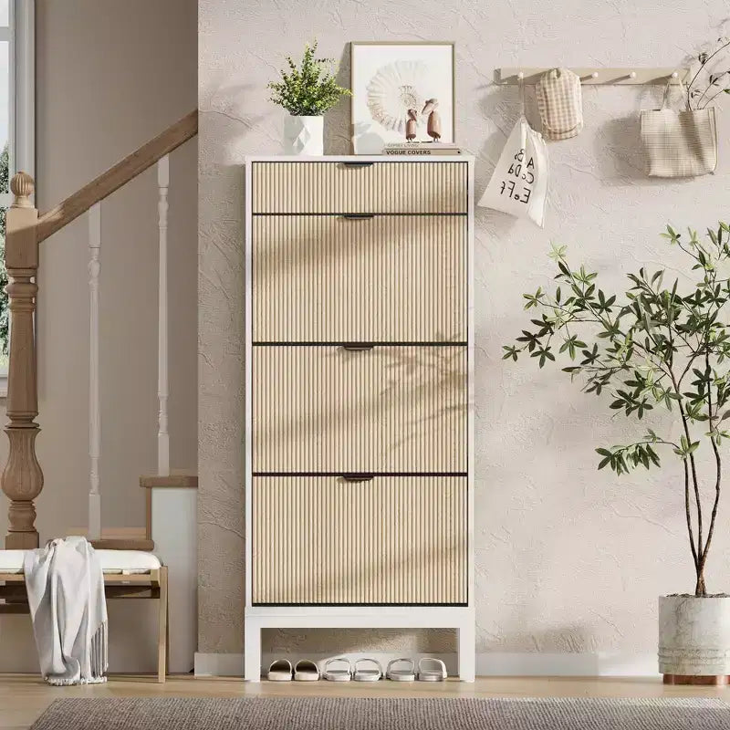 3 Flip Drawers & 1 Small Drawer, Shoe Cabinet, , Narrow Wooden Shoe Rack with Metal Legs for Entryway