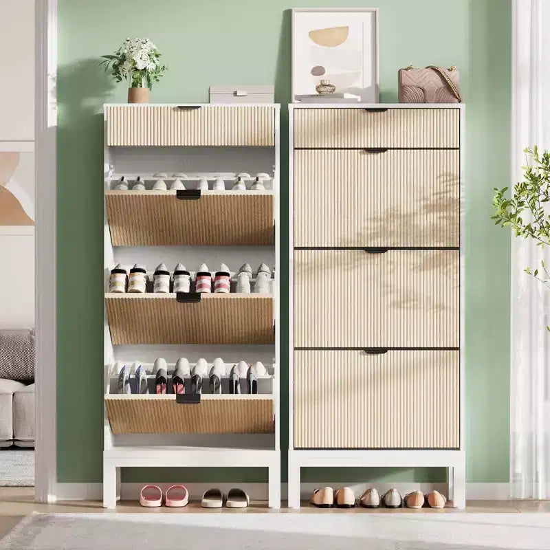 3 Flip Drawers & 1 Small Drawer, Shoe Cabinet, , Narrow Wooden Shoe Rack with Metal Legs for Entryway