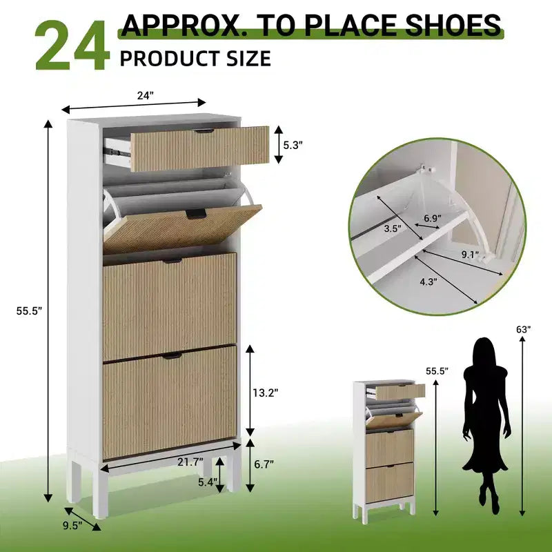 3 Flip Drawers & 1 Small Drawer, Shoe Cabinet, , Narrow Wooden Shoe Rack with Metal Legs for Entryway