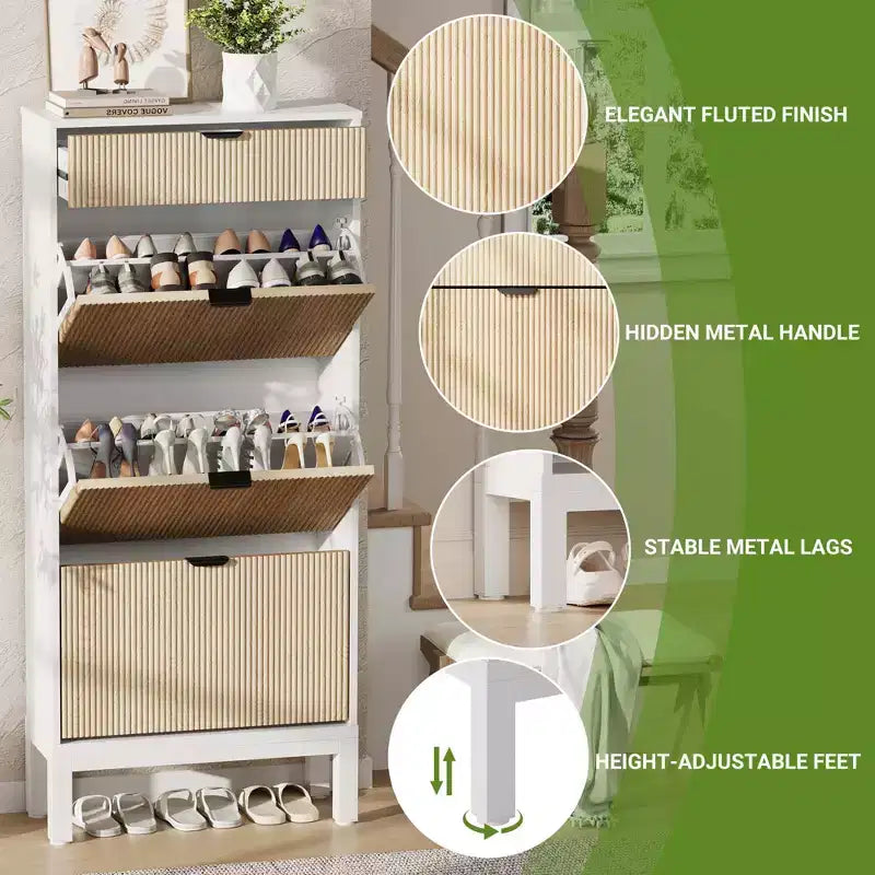 3 Flip Drawers & 1 Small Drawer, Shoe Cabinet, , Narrow Wooden Shoe Rack with Metal Legs for Entryway