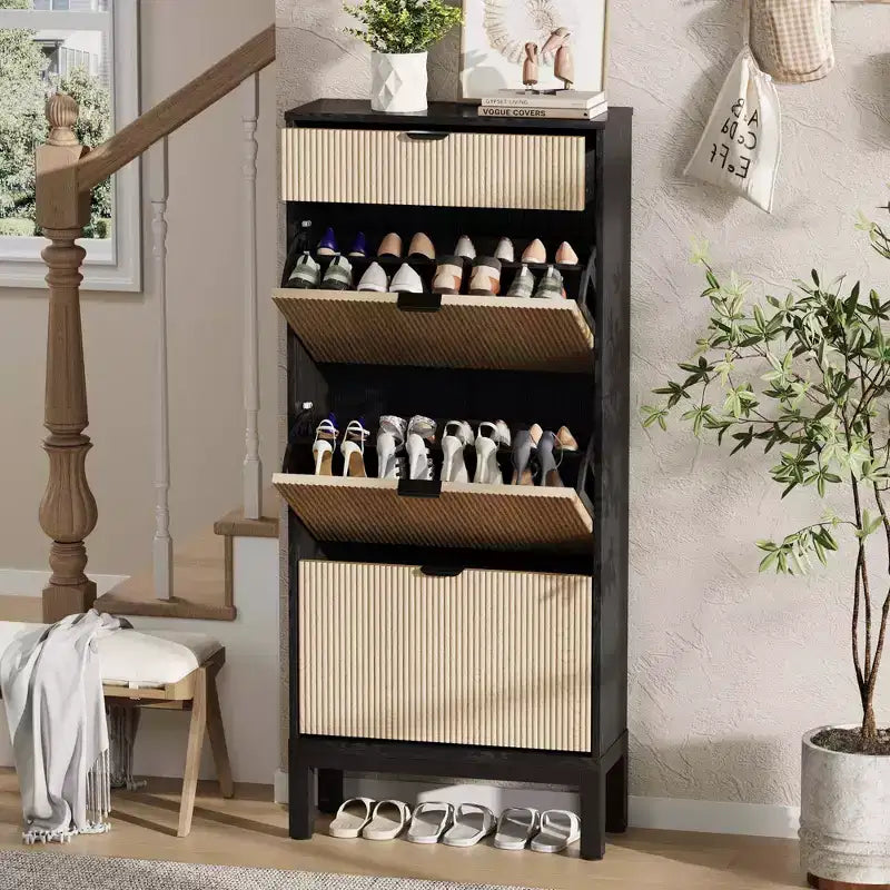 3 Flip Drawers & 1 Small Drawer, Shoe Cabinet, , Narrow Wooden Shoe Rack with Metal Legs for Entryway