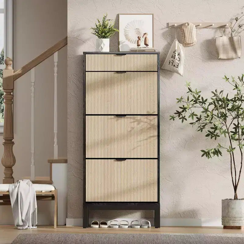 3 Flip Drawers & 1 Small Drawer, Shoe Cabinet, , Narrow Wooden Shoe Rack with Metal Legs for Entryway