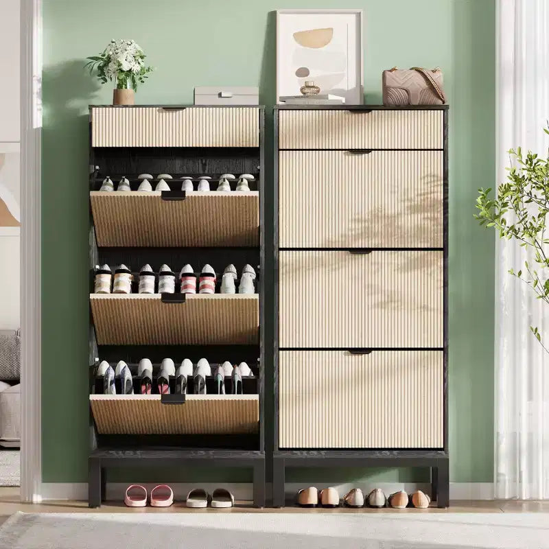 3 Flip Drawers & 1 Small Drawer, Shoe Cabinet, , Narrow Wooden Shoe Rack with Metal Legs for Entryway