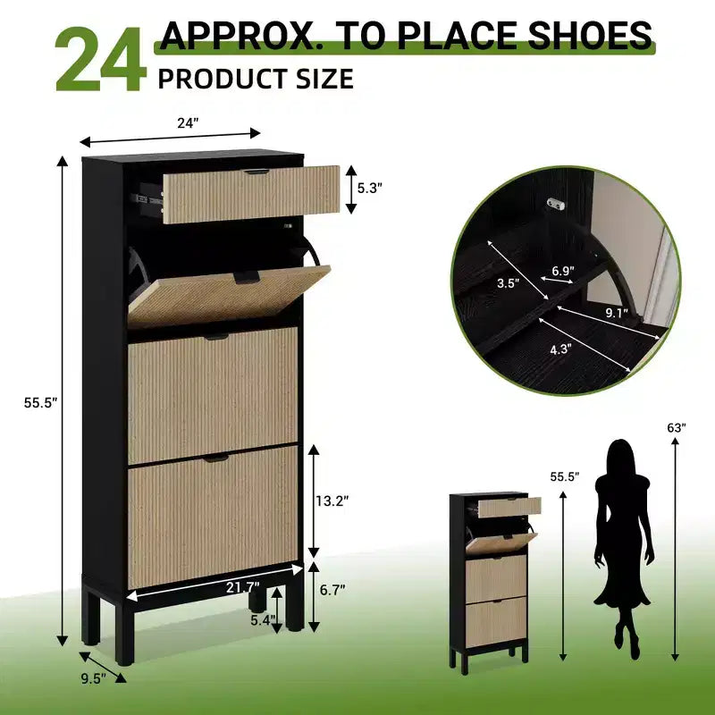 3 Flip Drawers & 1 Small Drawer, Shoe Cabinet, , Narrow Wooden Shoe Rack with Metal Legs for Entryway