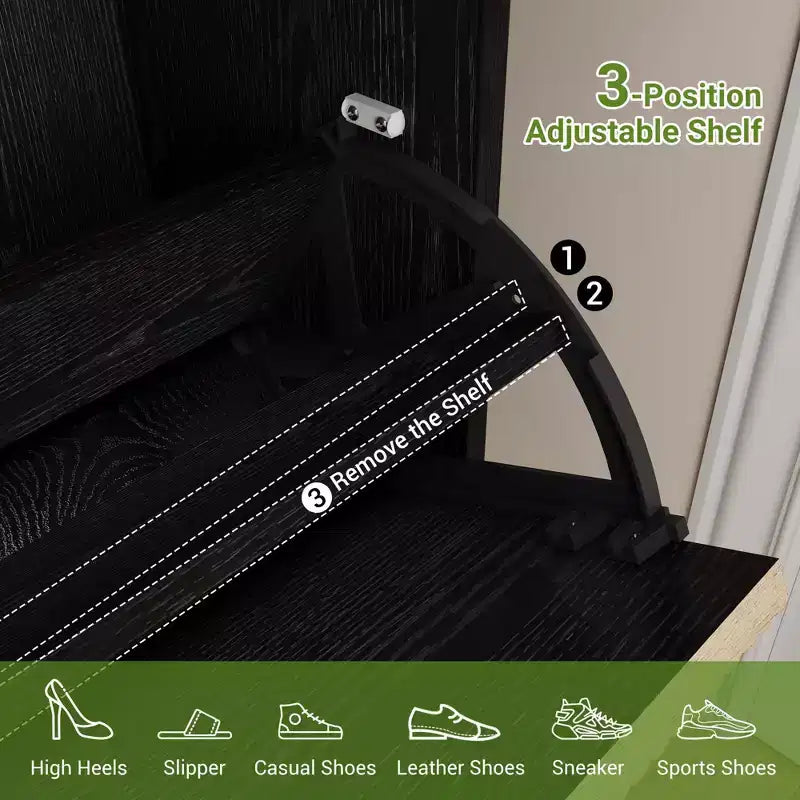 3 Flip Drawers & 1 Small Drawer, Shoe Cabinet, , Narrow Wooden Shoe Rack with Metal Legs for Entryway