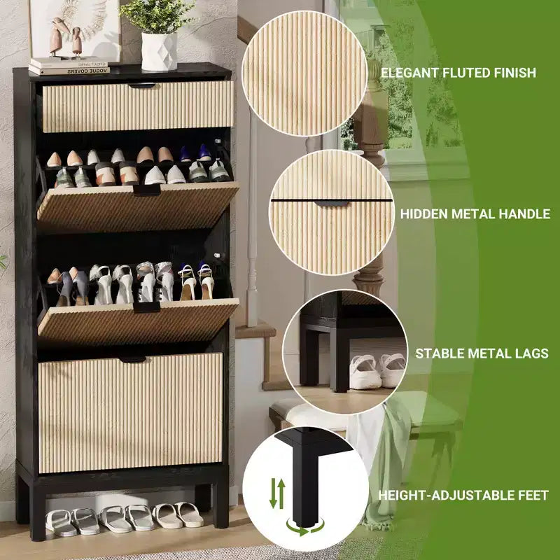 3 Flip Drawers & 1 Small Drawer, Shoe Cabinet, , Narrow Wooden Shoe Rack with Metal Legs for Entryway