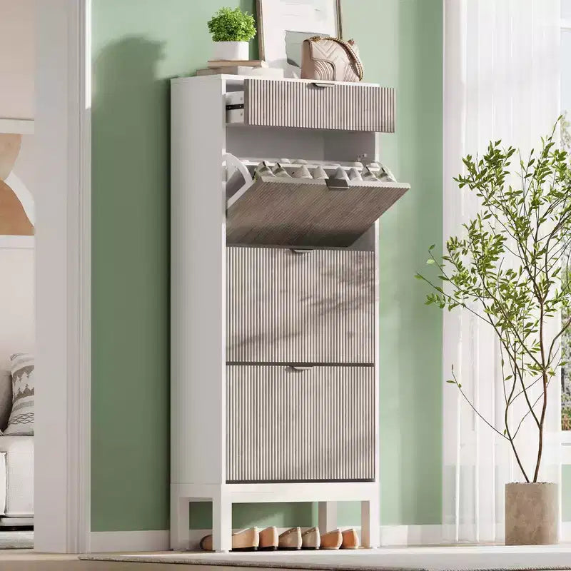 3 Flip Drawers & 1 Small Drawer, Shoe Cabinet, , Narrow Wooden Shoe Rack with Metal Legs for Entryway